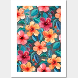 Colorful Watercolor Hibiscus on Dark Charcoal Posters and Art